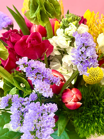 tulips, rose, craspedia, statice