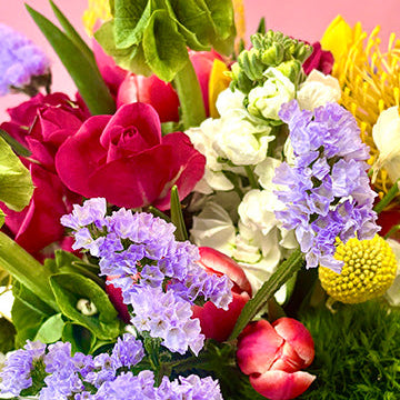 tulips, rose, craspedia, statice