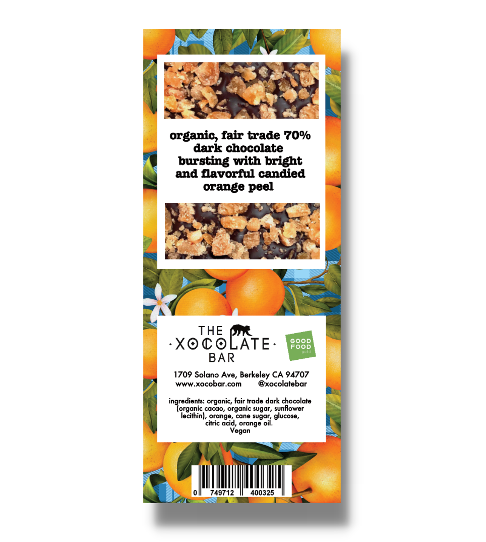 Chocolate - Candied Orange Bar -Organic Fair Trade Vegan Dark