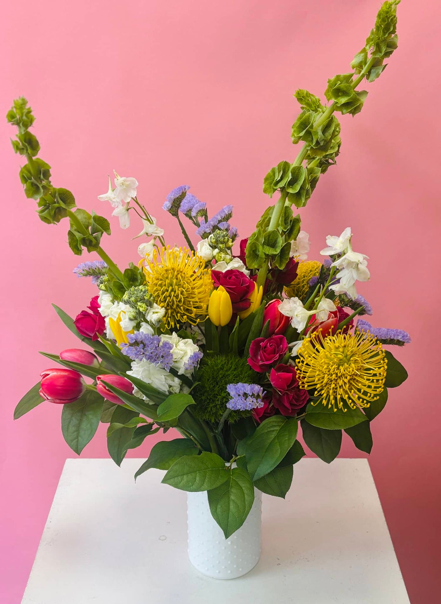 tulips, roses, dianthus, Bells of Ireland